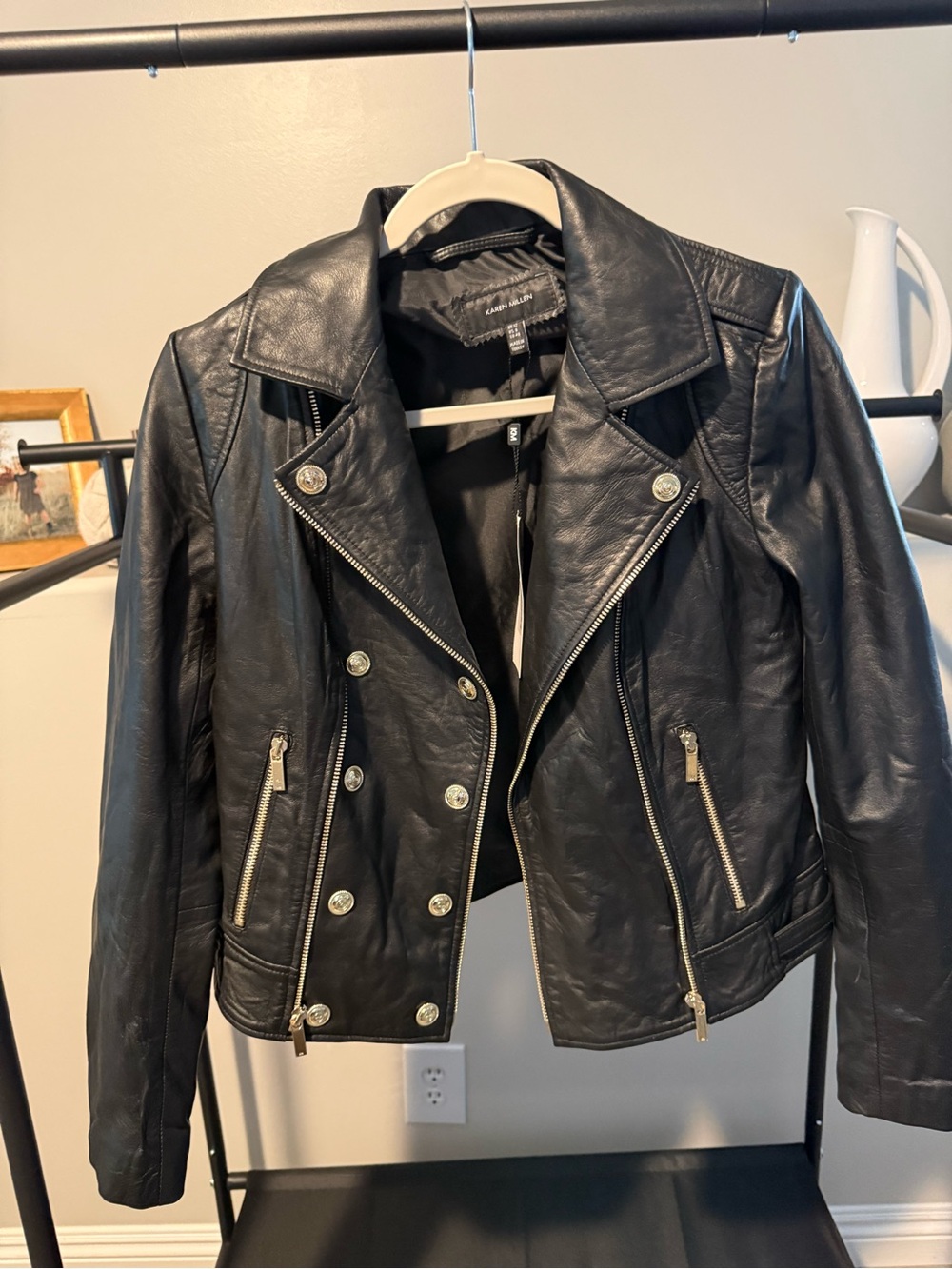 Karen Millen Black Leather Double-Breasted Moto Jacket